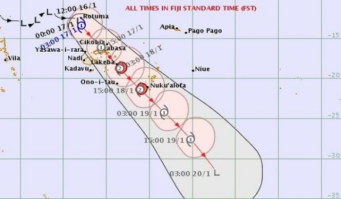 This forecast track of Cyclone Tino shows it passing over Vanua Levu and Tonga&#039;s capital, Nuku&#039;alofa. Photo: Fiji Meteorological Service
