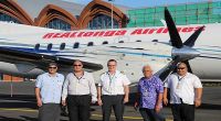 Real Tonga Airlines Deputy CEO Tele Faletau and the Polynesian Airlines CEO Seiuli Alvin Tuala with officials of the two airlines. (Photo: Joyetter Luamanu )