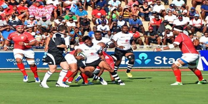 Ben Volavola on attack for the Vodafone Flying Fijians side against Tonga in the World Rugby Pacific Nations Cup in Suva.
