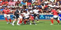 Ben Volavola on attack for the Vodafone Flying Fijians side against Tonga in the World Rugby Pacific Nations Cup in Suva.