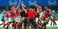 The Tonga rugby team celebrates their win over Italy Photo: Photosport