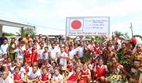 Japanese Ambassador, HE Mr. Yukio Numata, Minister of Police, Prisons &amp; Fire, Hon. Pohiva Tu&#039;i&#039;onetoa with the Navutoka community at the restored water system