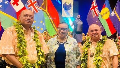Prime Minister of Tonga Hon. Hu'akavameiliku, Commonwealth Secretary-General, the Rt Hon Patricia Scotland KC and Prime Minister of the Cook Islands Hon. Mark Stephen Brown