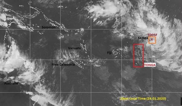 The South-West Pacific Region, showing Tonga with reference to the areas of the expected tropical system development in the next 24 – 48 hours.