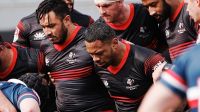 Ko Kalolo Tuiloma (matatolu to‘omata‘u; #18) na‘e tata‘o mōmeniti faka‘osi ma‘á e Utah Warriors ki he māhanga, 20-20, mo e Austin Gilgorins, ‘i Texas. (Faitā: US Major League Rugby).