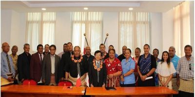 H.E Mr. Tetsuya Ishii Ambassador of Japan to the Kingdom of Tonga with Hon. Tevita Lavemaau with recipient communities and government officials at the signing ceremony on 10 December, 2019.