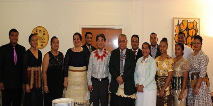 H.E Mr. Yukio Numata with Hon. Penisimani Fifita and the 12 successful elected participants to represent Tonga in the 2016 Ship for World Youth Program