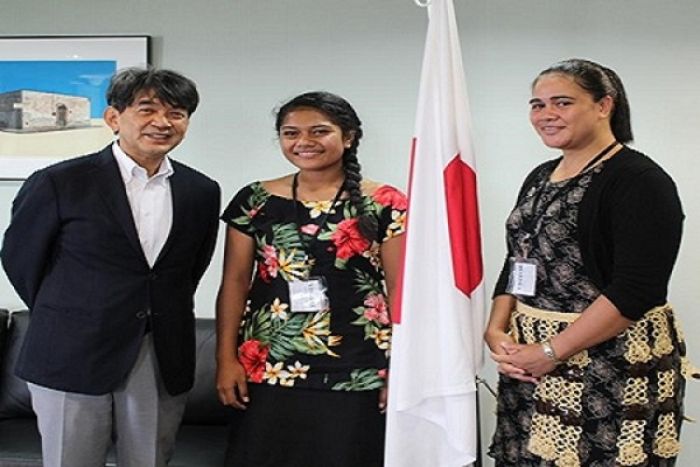 H.E Mr. Yukio Numata with Ms. ‘Alisi Tangi ‘a e Manu mei Vailahi Uhi and Ms. Mele Felisita Mavis Taumoepeau, the successful recipients of the Japanese Government Scholarship Recipient 2016.