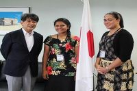 H.E Mr. Yukio Numata with Ms. ‘Alisi Tangi ‘a e Manu mei Vailahi Uhi and Ms. Mele Felisita Mavis Taumoepeau, the successful recipients of the Japanese Government Scholarship Recipient 2016.