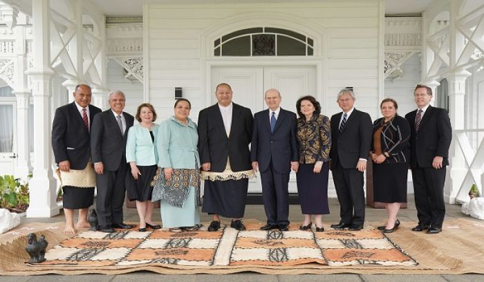 President Russell M. Nelson of The Church of Jesus Christ of Latter-day Saints and his wife Sister Wendy Nelson meet with &#039;Aho&#039;eitu Tupou VI, King of Tonga, and her royal majesty the Queen Nanasipauʻu Vaea at the Royal Palace in Tonga on May 23, 2019. Also pictured are Elder Gerrit W. Gong, of The Church of Jesus Christ of Latter-day Saints’ Quorum of the Twelve Apostles and his wife Sister Susan Gong and Elder O. Vincent Haleck and his wife Sister Peggy Haleck.