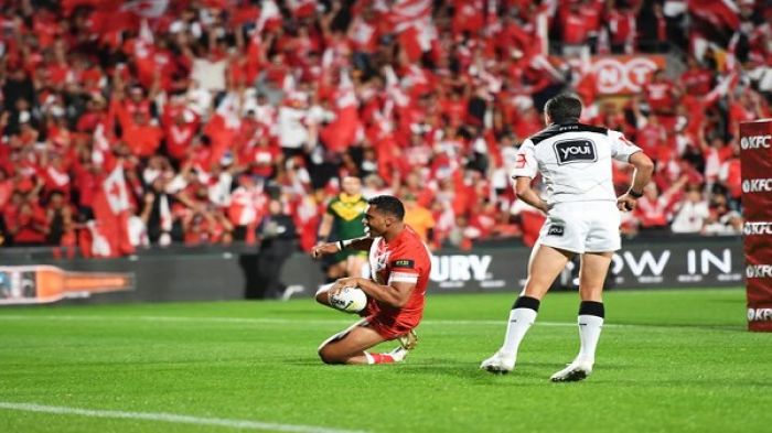 Tonga's Tevita Pangai Junior scores a try against Australia last year
