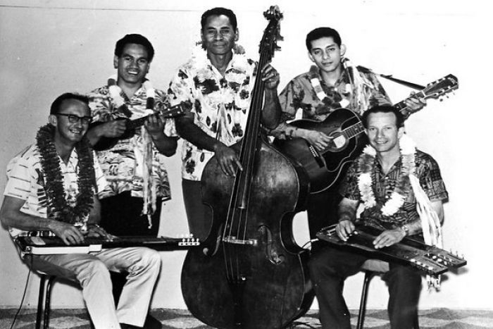 Bill Sevesi and His Islanders, 1958 (L-to-R: Trevor Edmondson, Bobby Wynyard, Malu Natapu, Richard Santos and Bill Sevesi