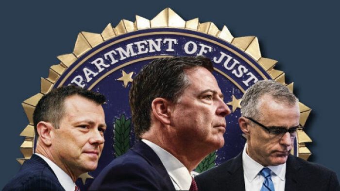 Kau taki ‘o e FBI (loto) James Comey, (hema) Peter Strzok, (mata‘u) Andrew McCabe mei he pule‘anga ‘o Palesiteni Mālōlō Barack Obama na‘á nau fa‘ufa‘u ‘a e loi ke liukava‘i ‘aki ‘a e palesiteni lolotongá, Donald Trump. Na‘e mahalo‘i ‘e Trump ‘enau kākā ‘o kapusi kotoa kinautolu mei pule‘anga. (Photo: Getty Images; Epoch Times).