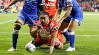 Konrad Hurrell celebrates a try for Tonga.Konrad Hurrell celebrates a try for Tonga
