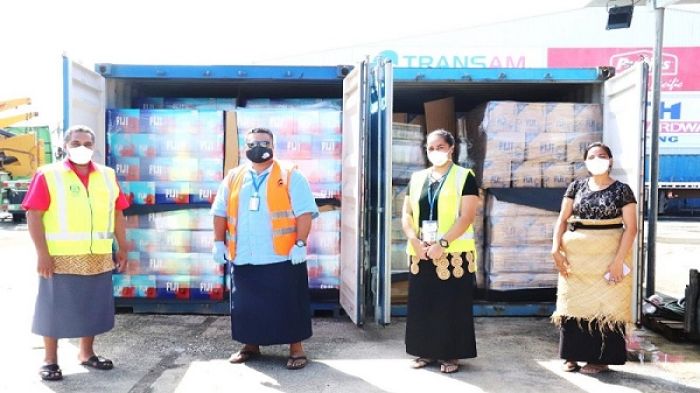 Fiji Water donated 2 containers of drinking water to Tonga