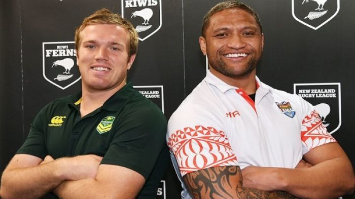Manu Vatuvei, (right), and Australian international Jake Trbojevic announce the much anticipated match